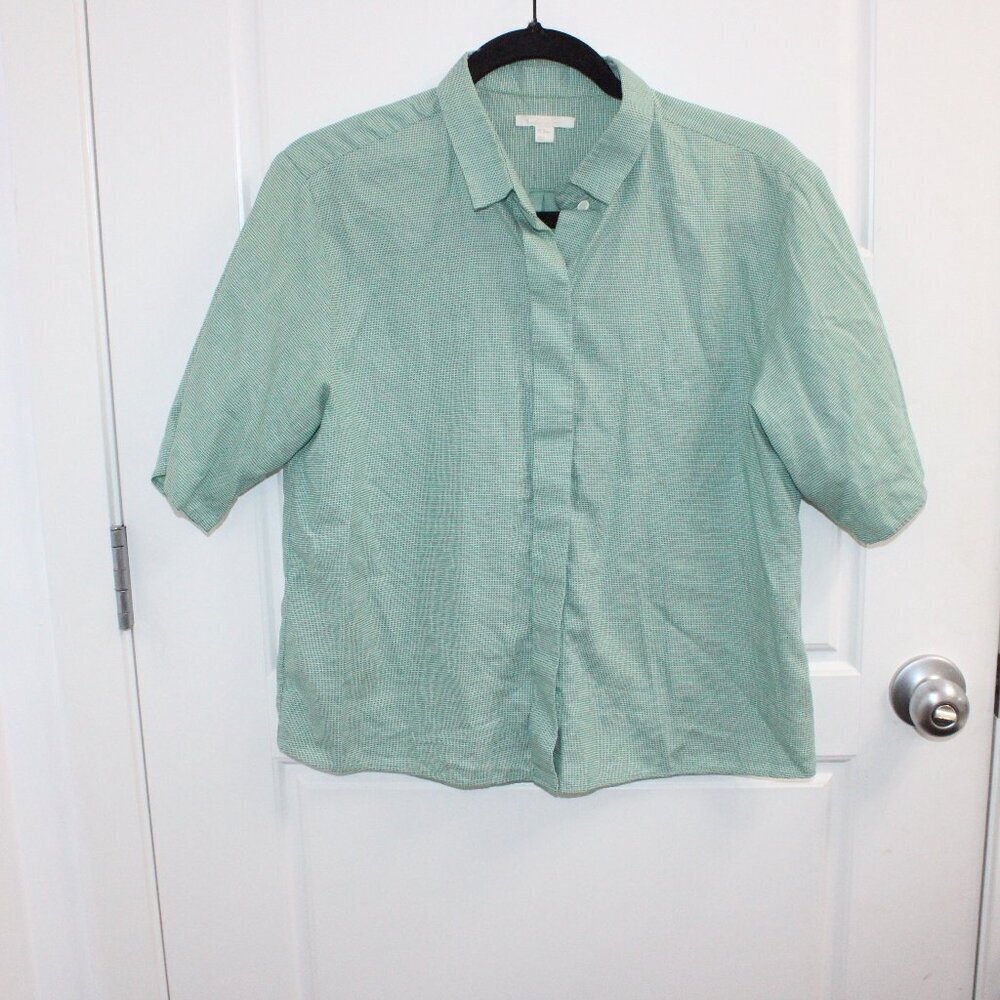 COS Crop Button Down Short Sleeve Shirt Size Small White/Green Cross Stitch